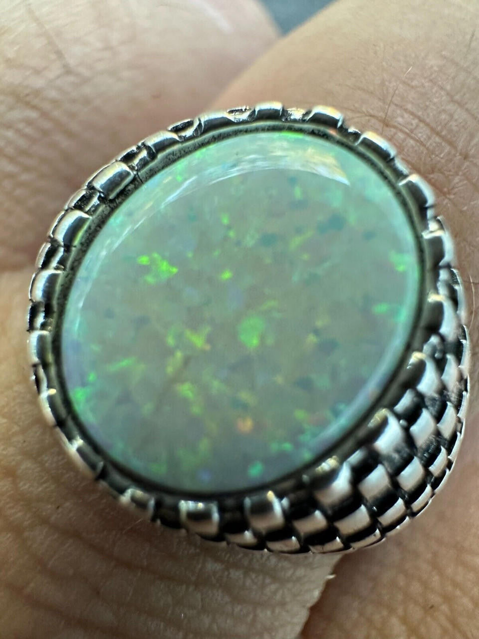 Black & White Ring - 925 Silver Oxidized - Synthetic White Opal
