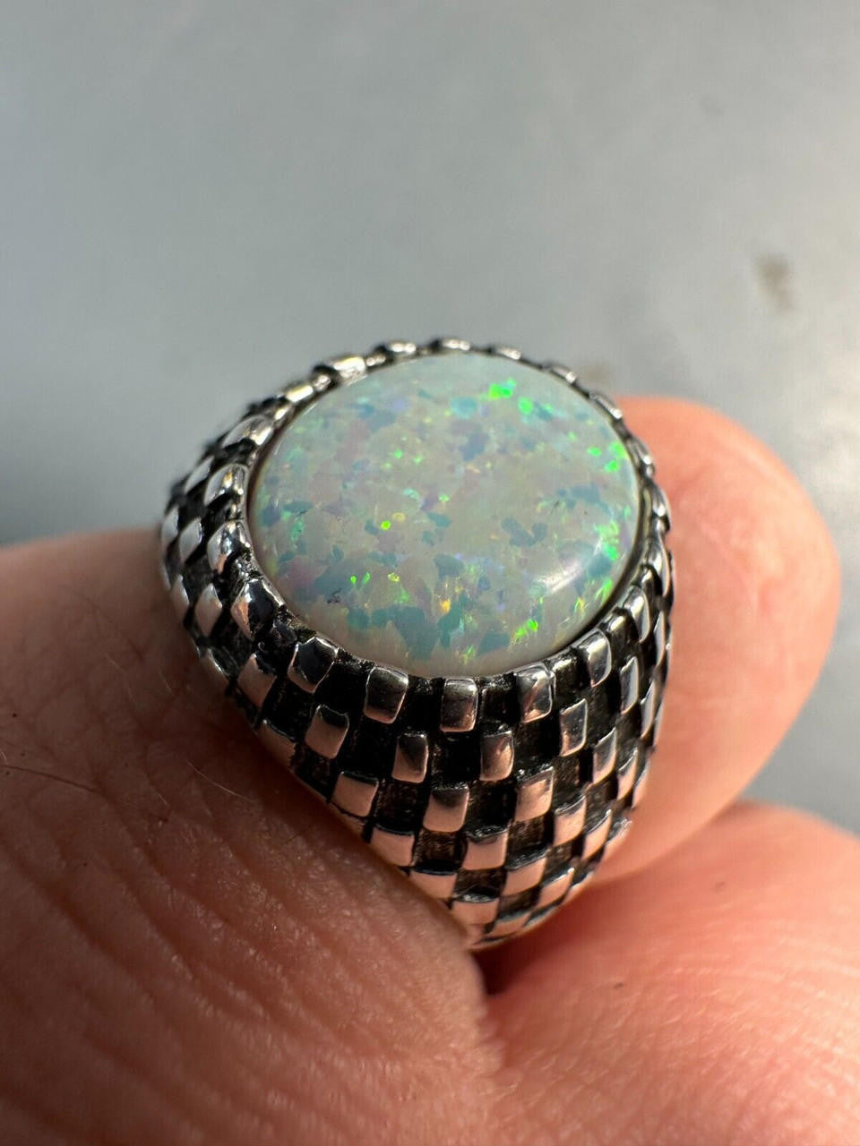 Black & White Ring - 925 Silver Oxidized - Synthetic White Opal