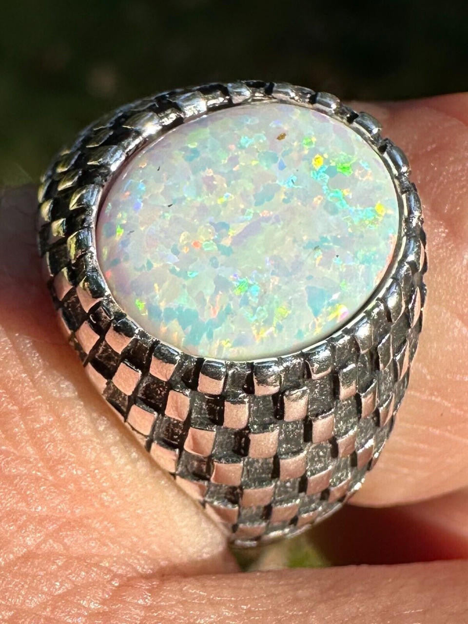 Black & White Ring - 925 Silver Oxidized - Synthetic White Opal