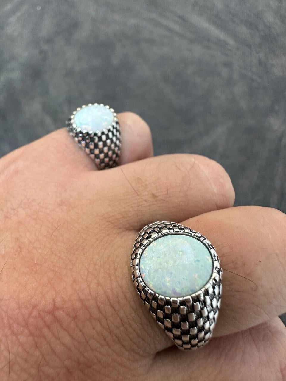 Black & White Ring - 925 Silver Oxidized - Synthetic White Opal