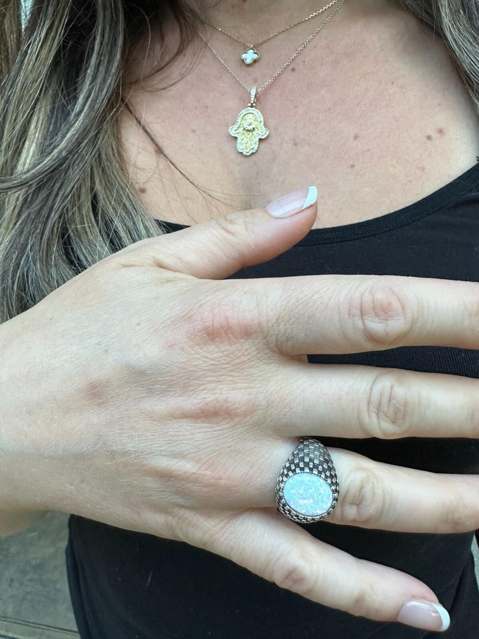 Black & White Ring - 925 Silver Oxidized - Synthetic White Opal