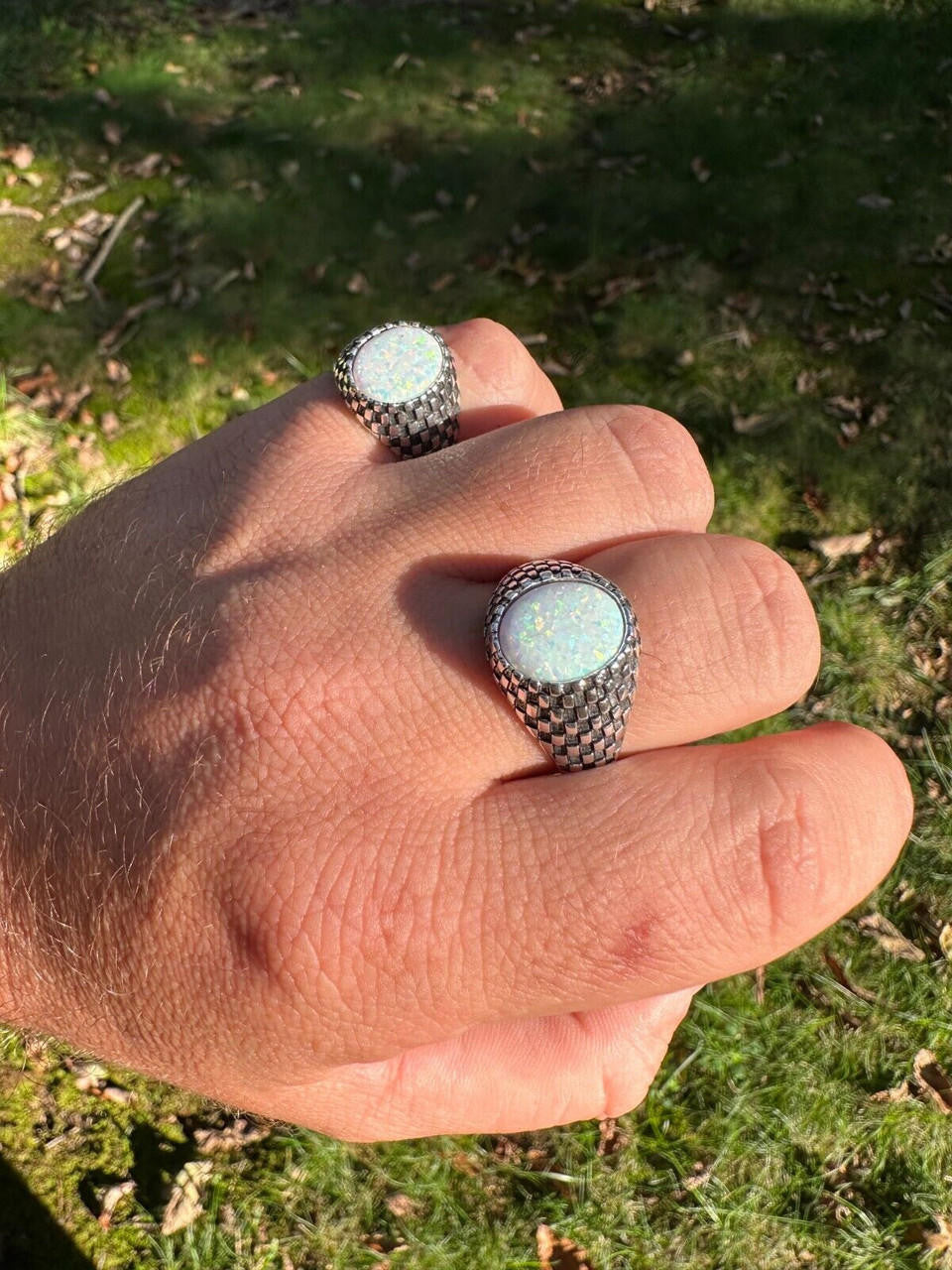 Black & White Ring - 925 Silver Oxidized - Synthetic White Opal
