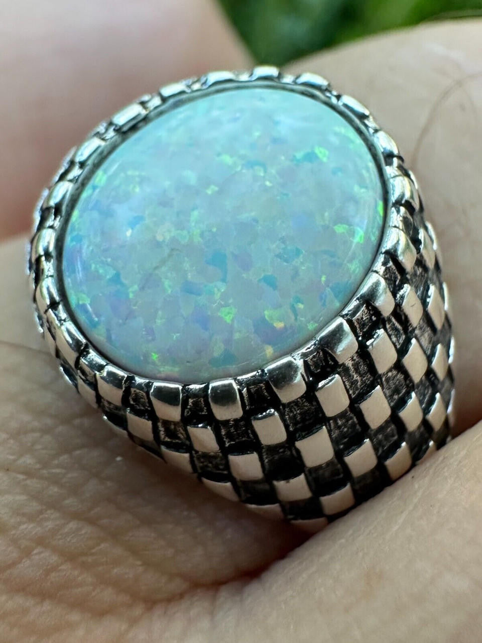 Black & White Ring - 925 Silver Oxidized - Synthetic White Opal