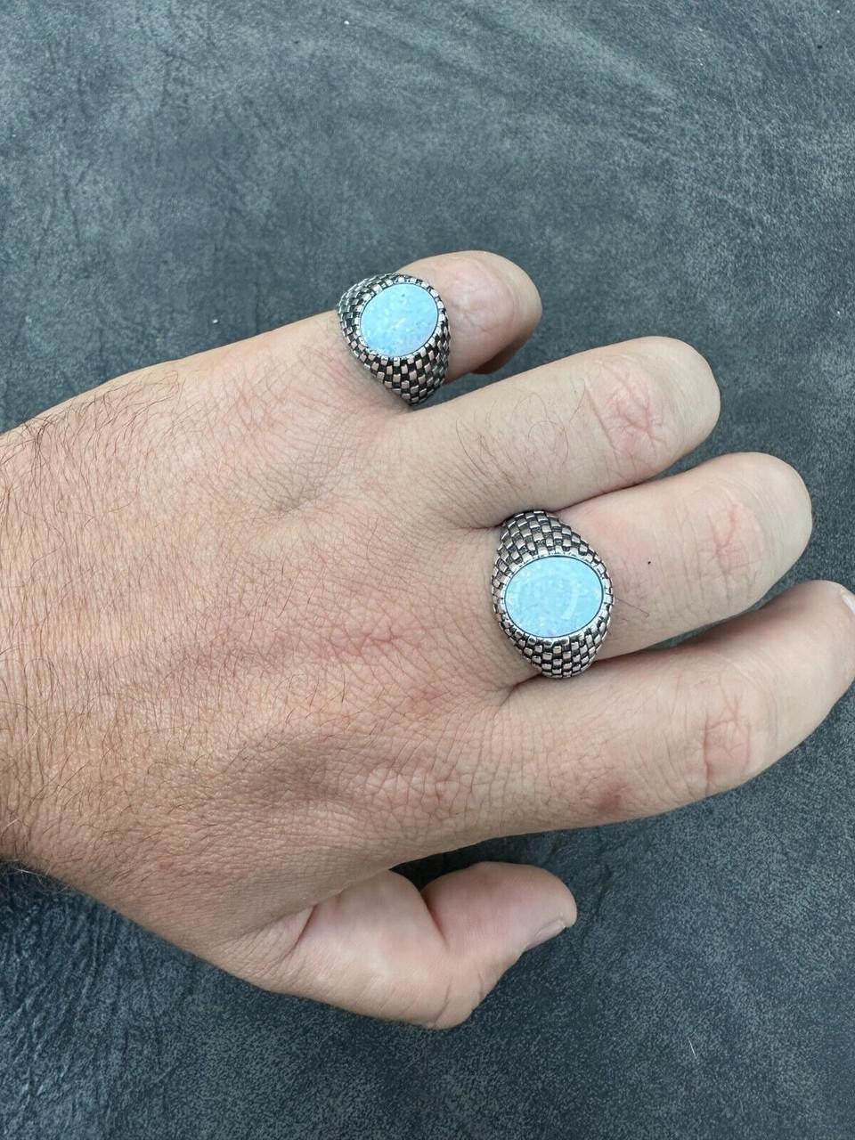 Black & White Ring - 925 Silver Oxidized - Synthetic White Opal