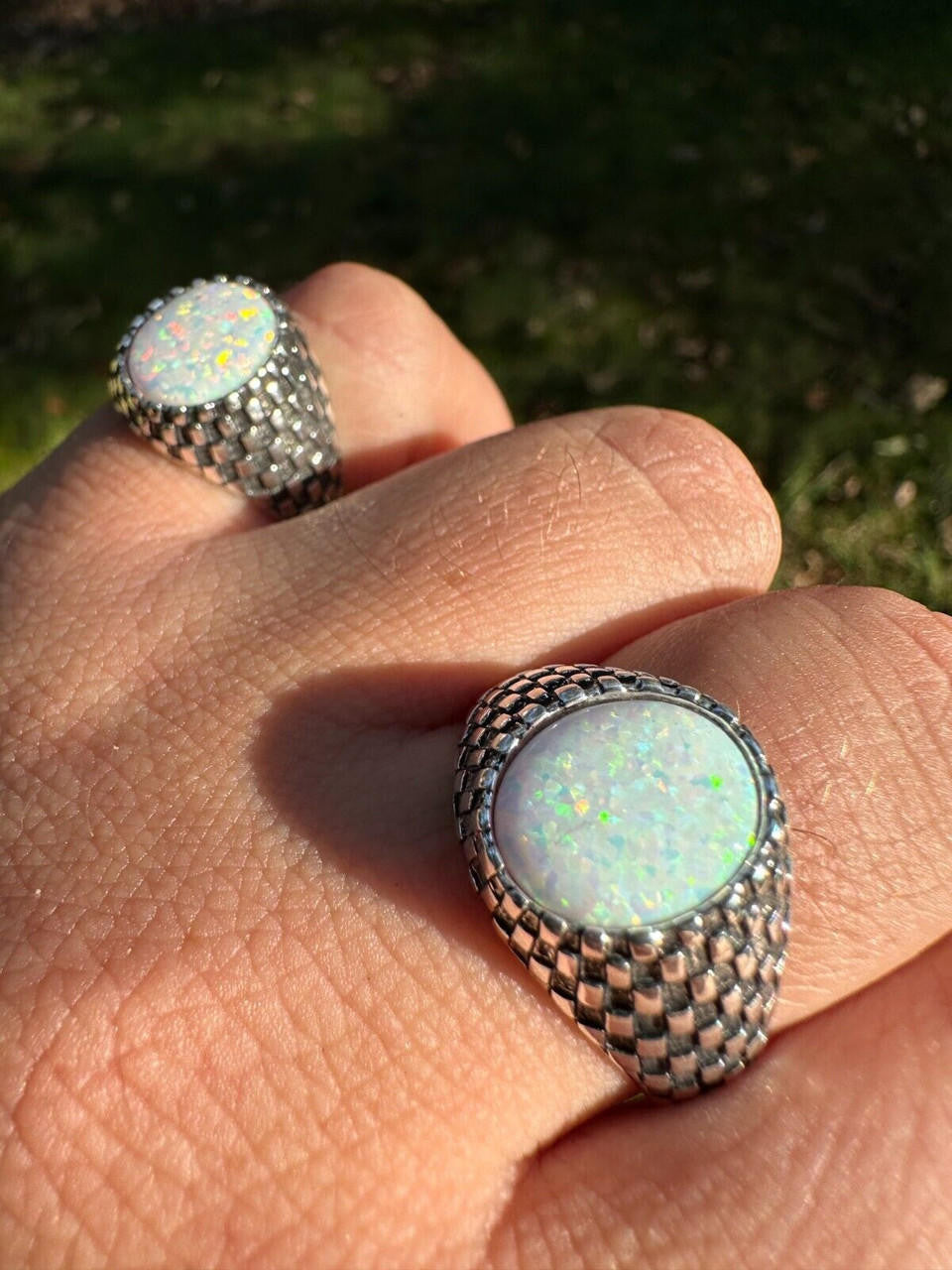 Black & White Ring - 925 Silver Oxidized - Synthetic White Opal
