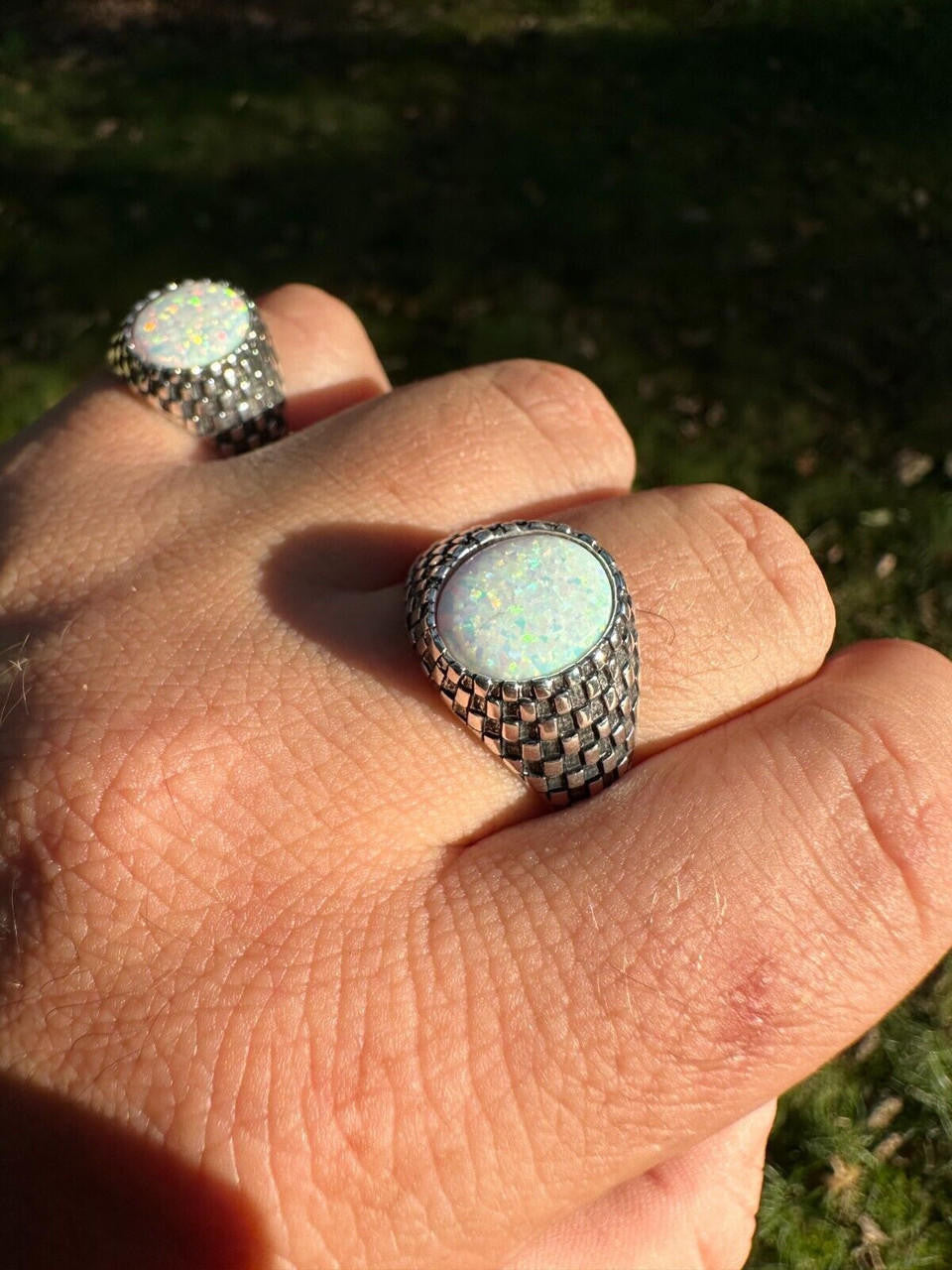 Black & White Ring - 925 Silver Oxidized - Synthetic White Opal
