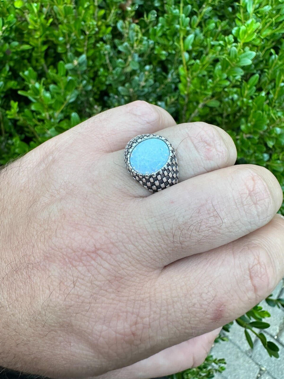 Black & White Ring - 925 Silver Oxidized - Synthetic White Opal