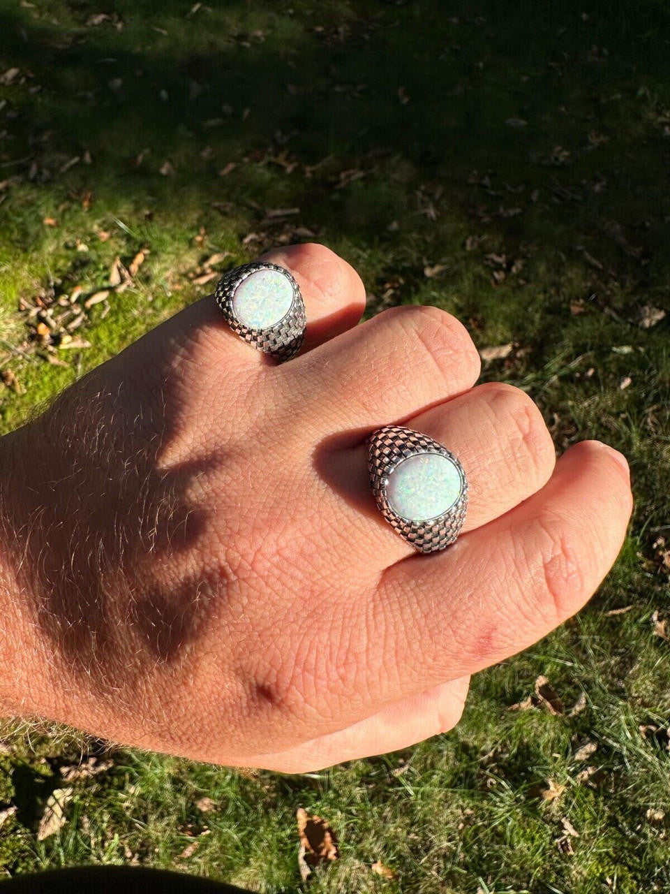 Black & White Ring - 925 Silver Oxidized - Synthetic White Opal