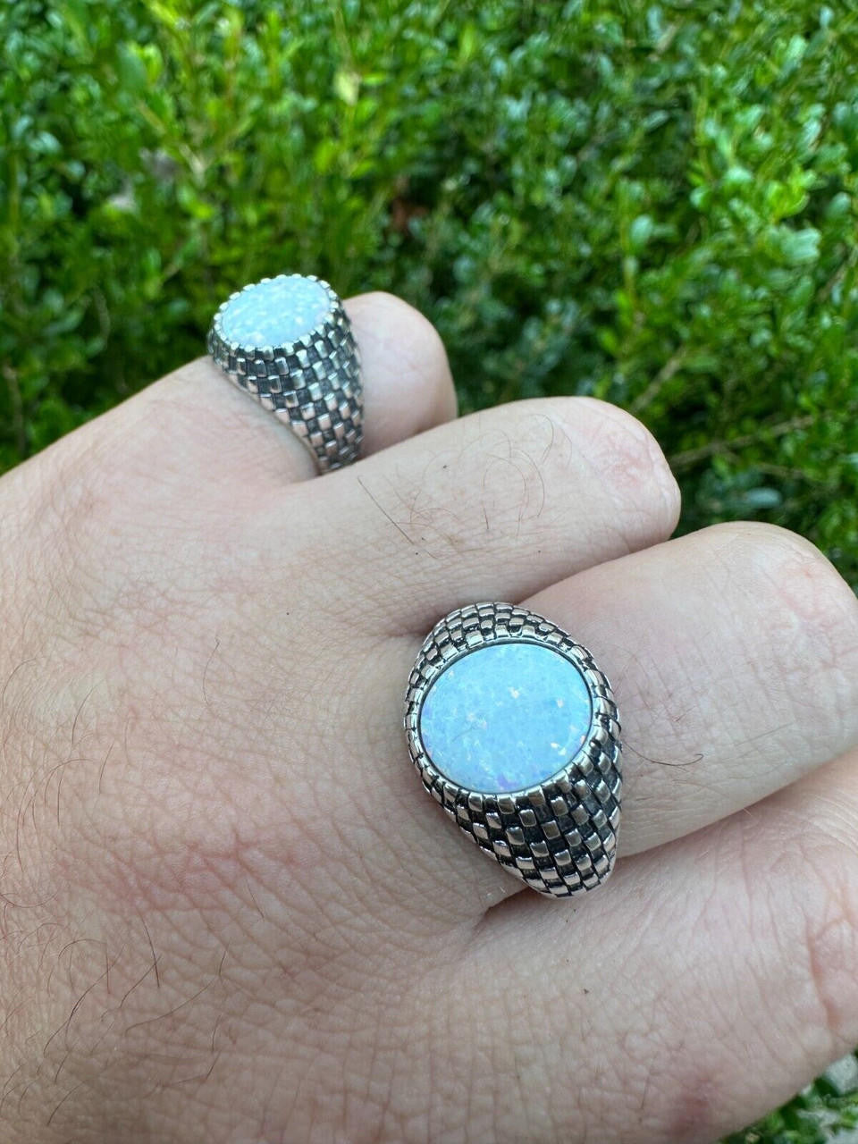 Black & White Ring - 925 Silver Oxidized - Synthetic White Opal