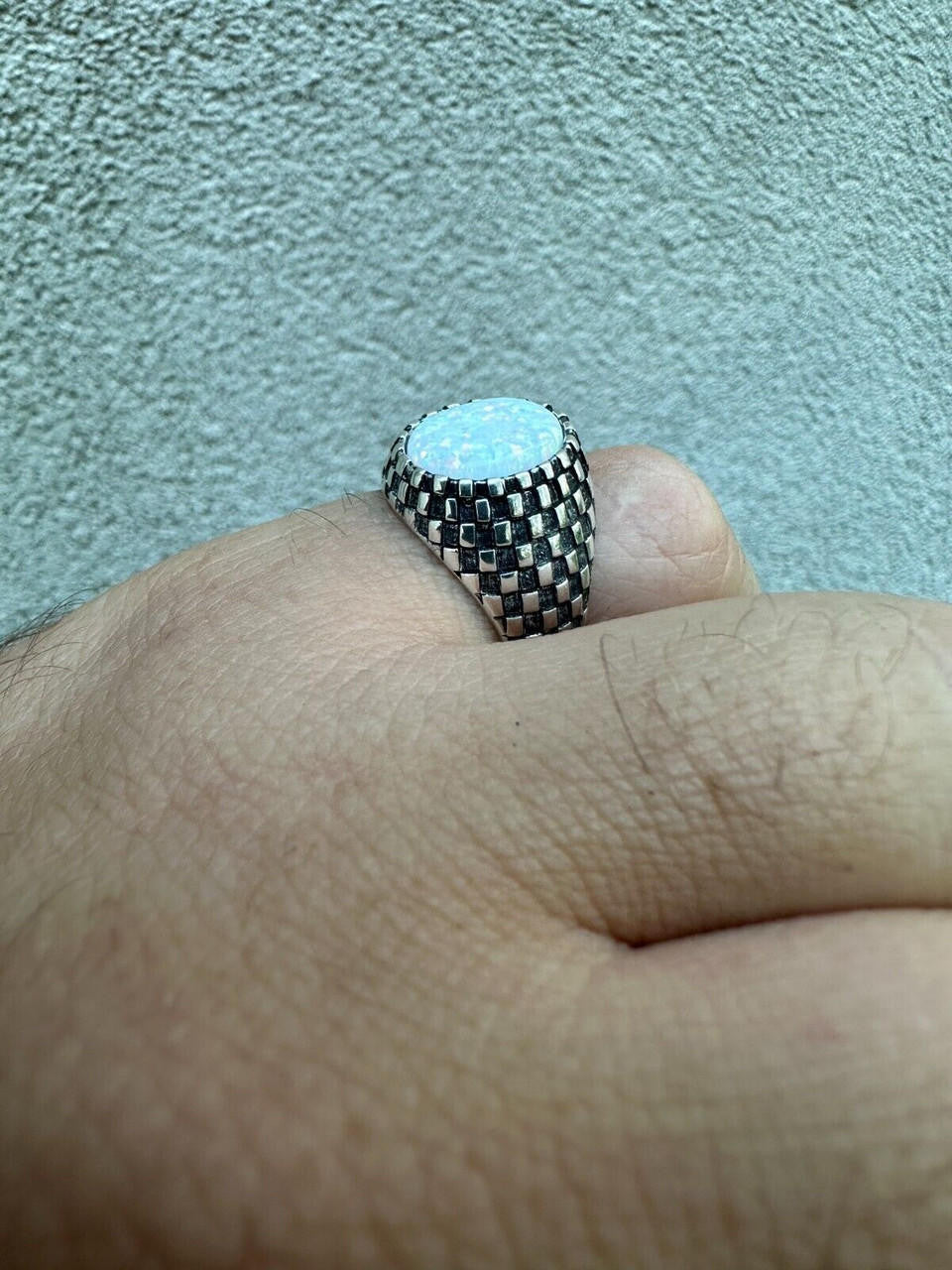 Black & White Ring - 925 Silver Oxidized - Synthetic White Opal
