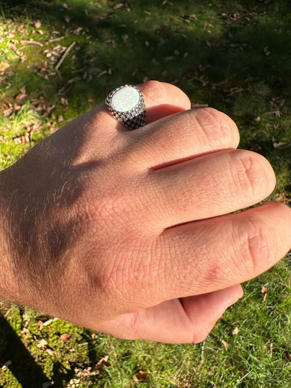 Black & White Ring - 925 Silver Oxidized - Synthetic White Opal
