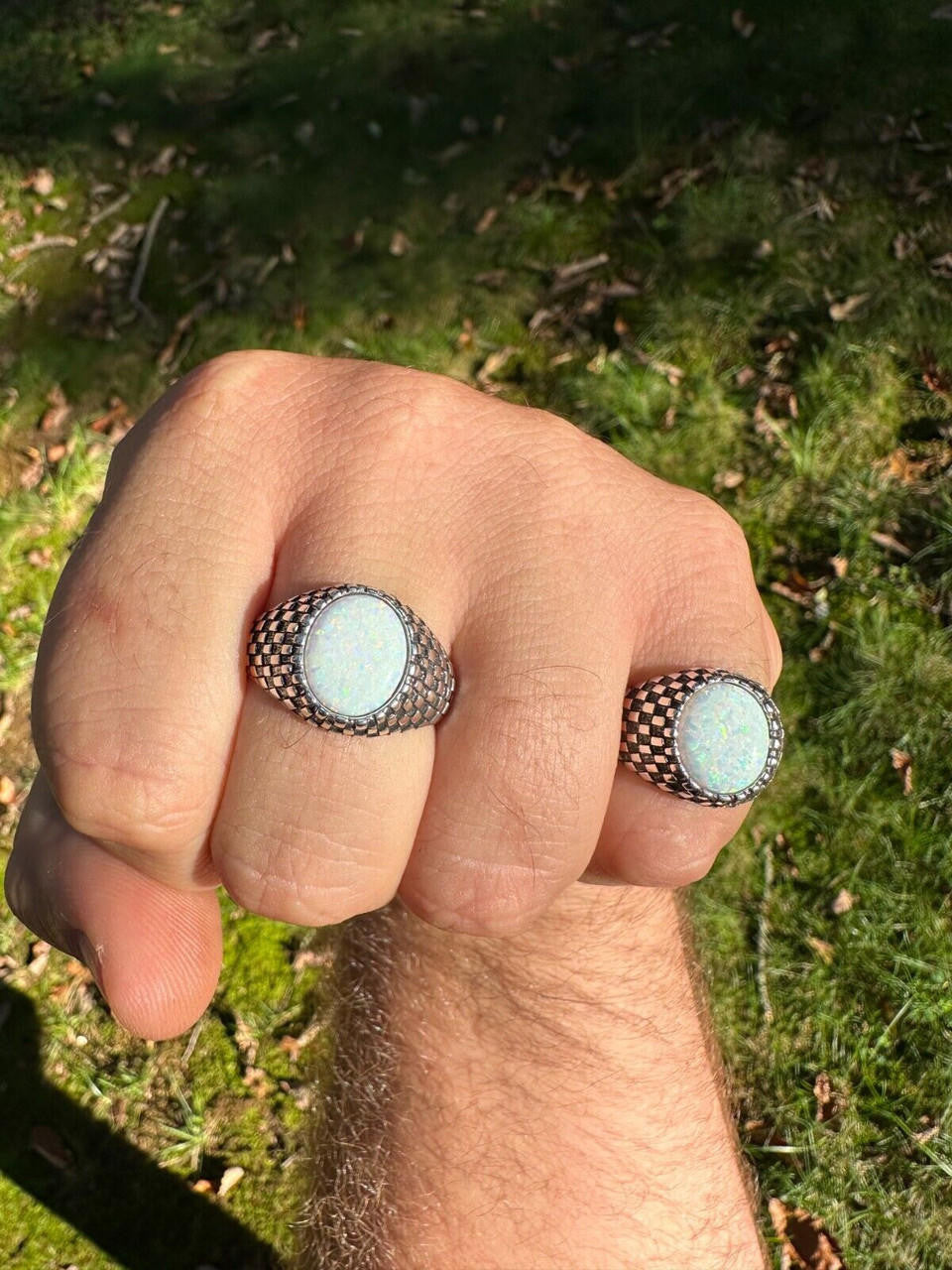 Black & White Ring - 925 Silver Oxidized - Synthetic White Opal