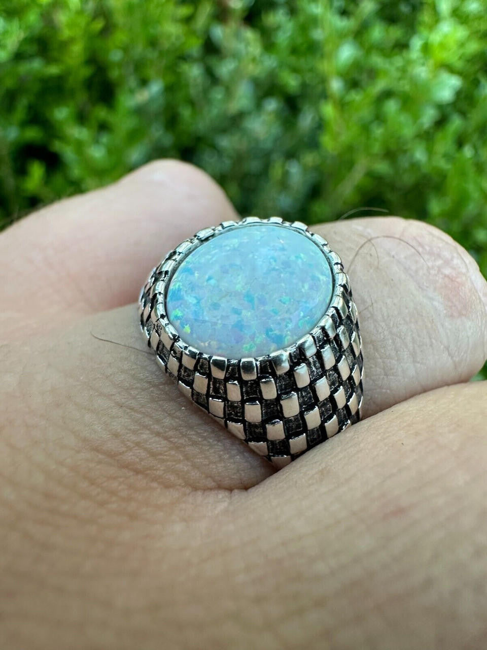 Black & White Ring - 925 Silver Oxidized - Synthetic White Opal