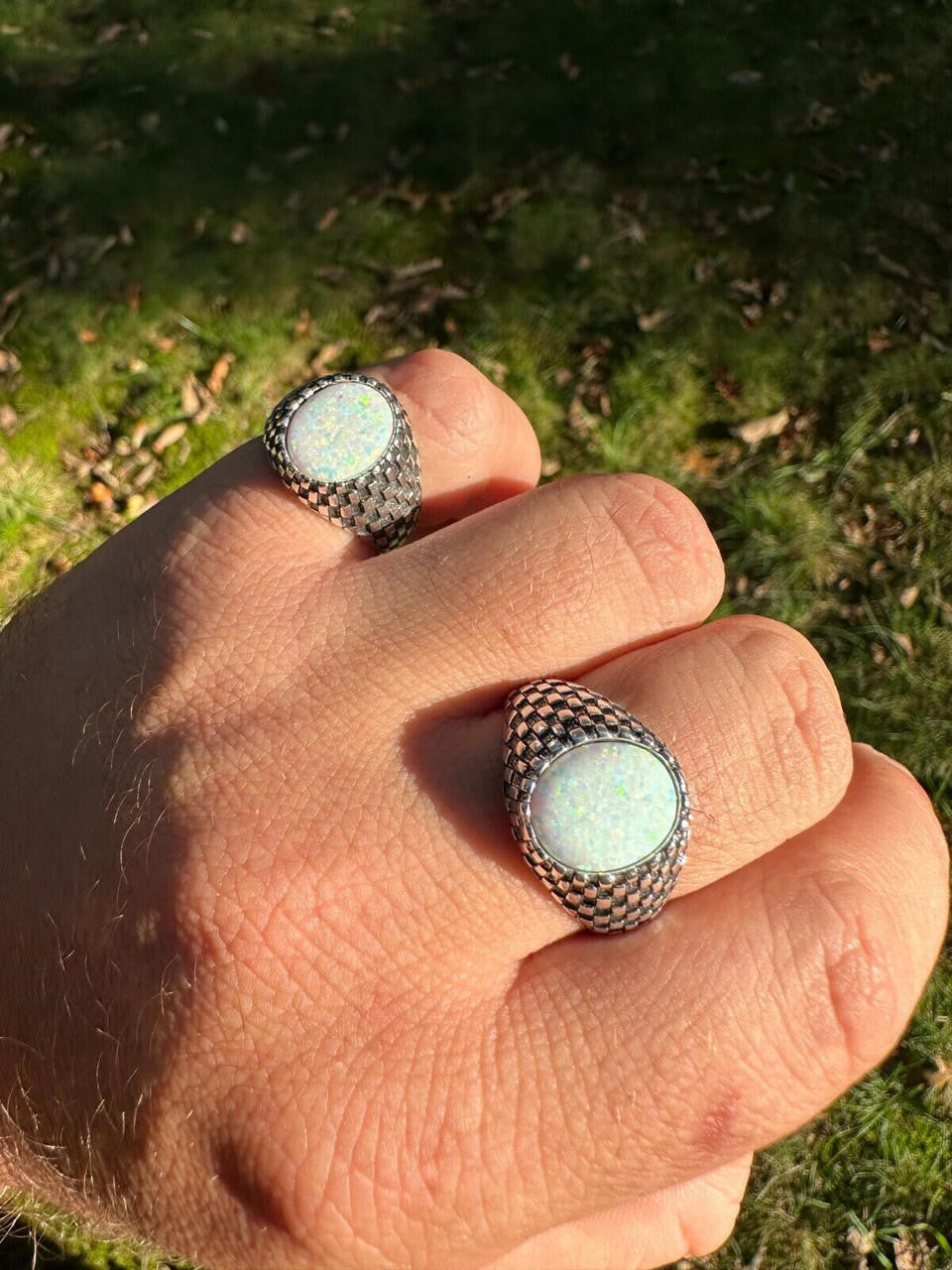 Black & White Ring - 925 Silver Oxidized - Synthetic White Opal