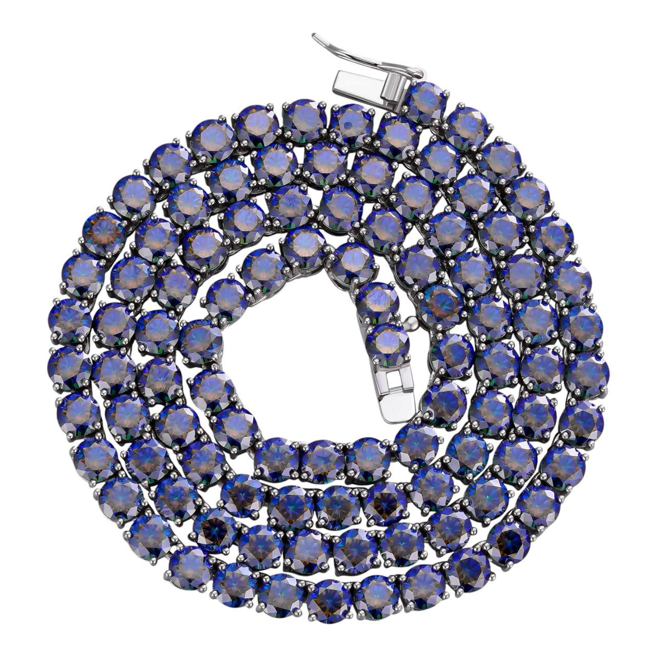 Blue MOISSANITE Tennis Chain Necklace Iced Out - 925 Silver - 5mm - 16"-28"