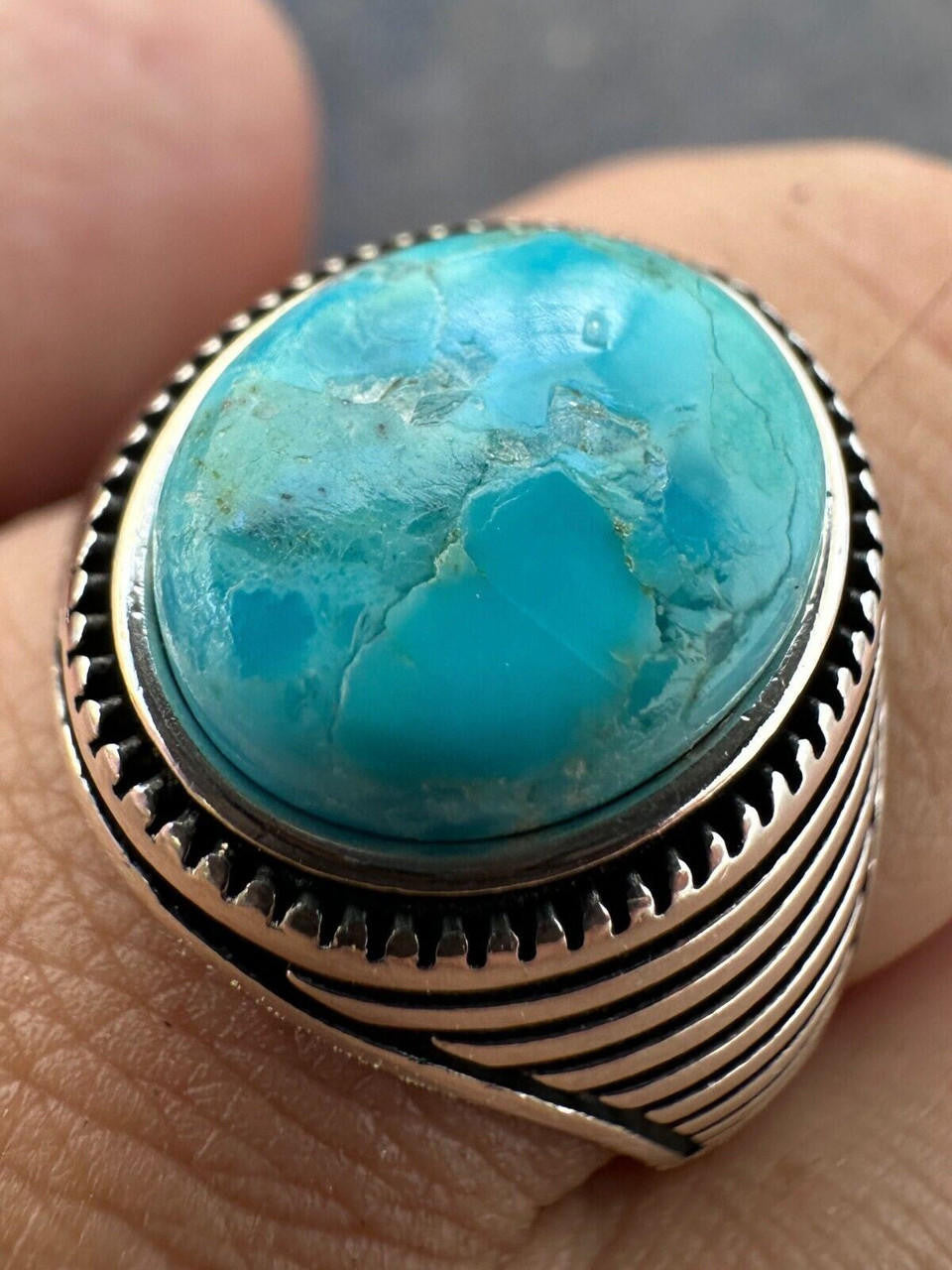 Navajo Spirit Ring - 925 Silver Oxidized - Genuine Blue Turquoise Stone