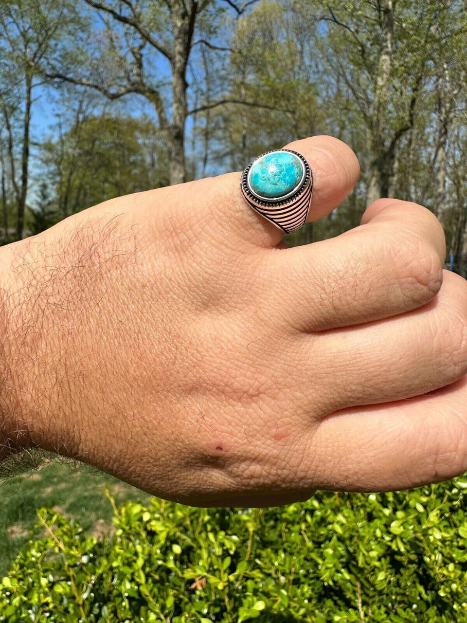 Navajo Spirit Ring - 925 Silver Oxidized - Genuine Blue Turquoise Stone