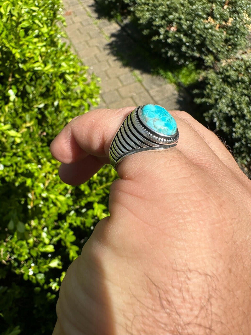 Navajo Spirit Ring - 925 Silver Oxidized - Genuine Blue Turquoise Stone