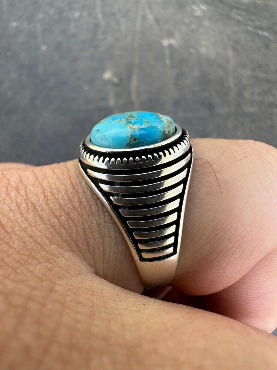 Navajo Spirit Ring - 925 Silver Oxidized - Genuine Blue Turquoise Stone