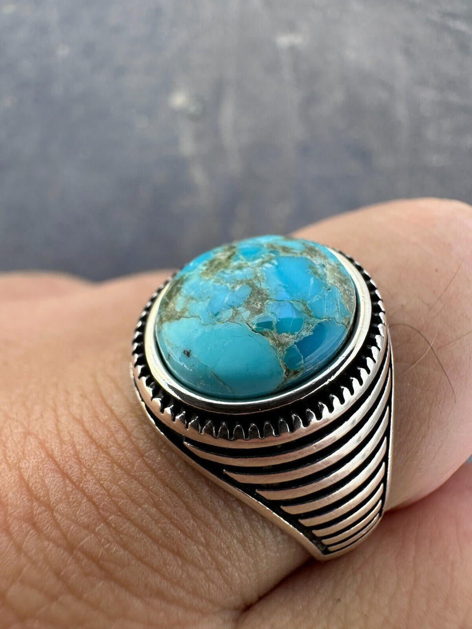 Navajo Spirit Ring - 925 Silver Oxidized - Genuine Blue Turquoise Stone