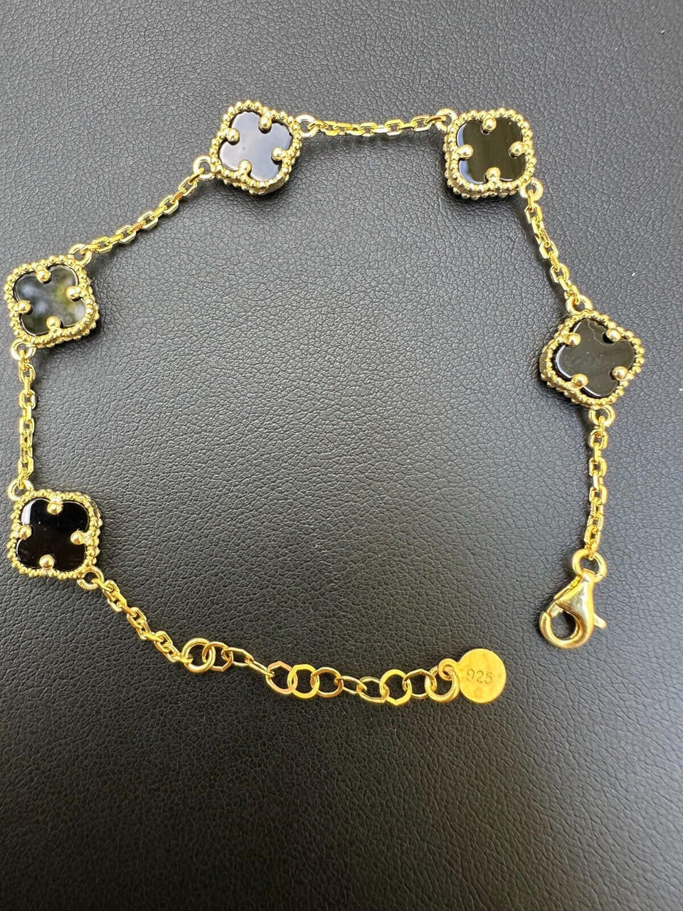 Cleef Clover Link Chain Necklace Or Bracelet Natural Black Onyx Motifs - 14k Gold Vermeil 925 Sterling Silver - 5.5"-24"