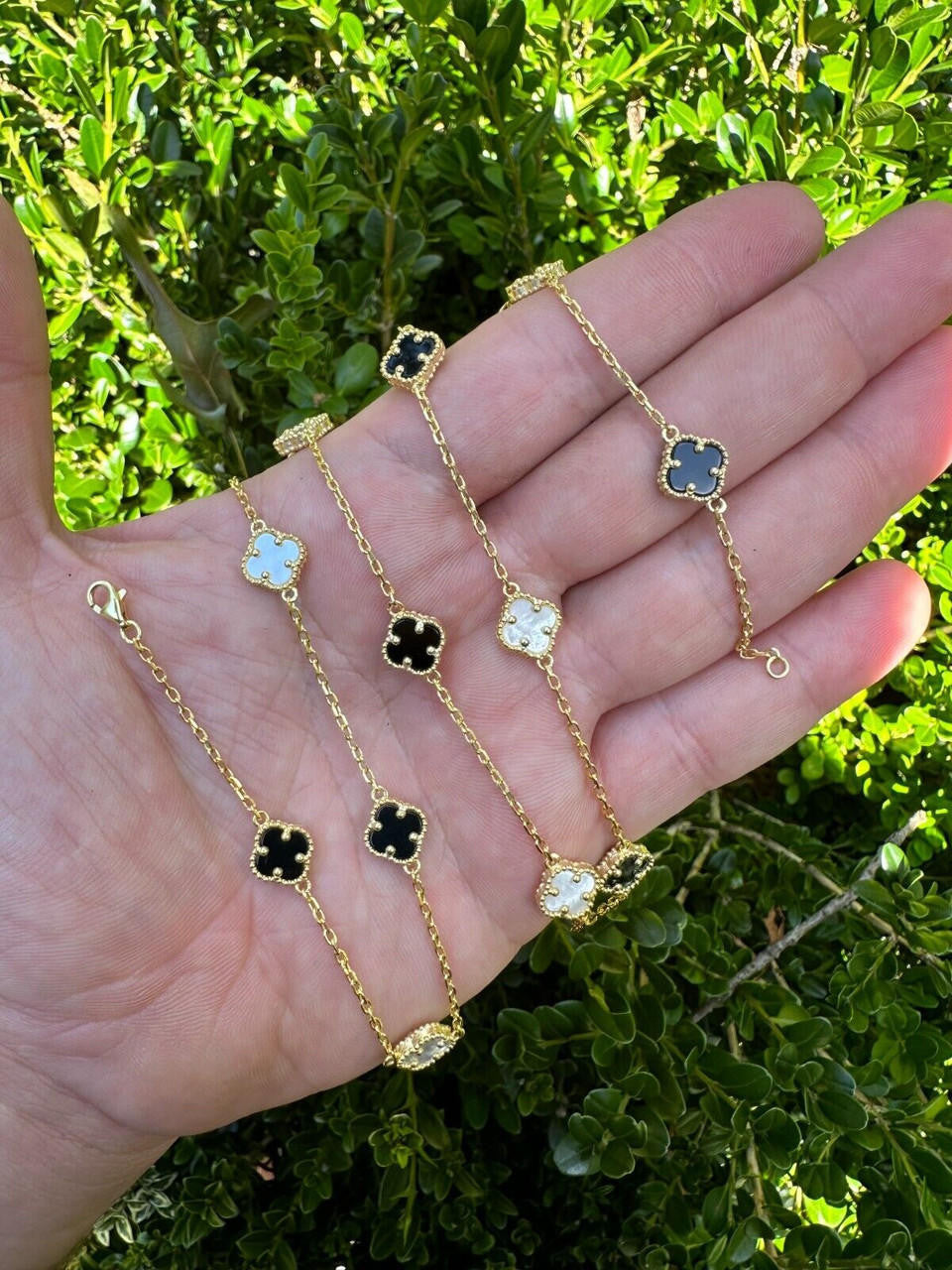 Cleef Clover Link Chain Necklace Or Bracelet Natural Black Onyx & Mother Of Pearl Motifs - 14k Gold Vermeil 925 Sterling Silver - 5.5"-24"