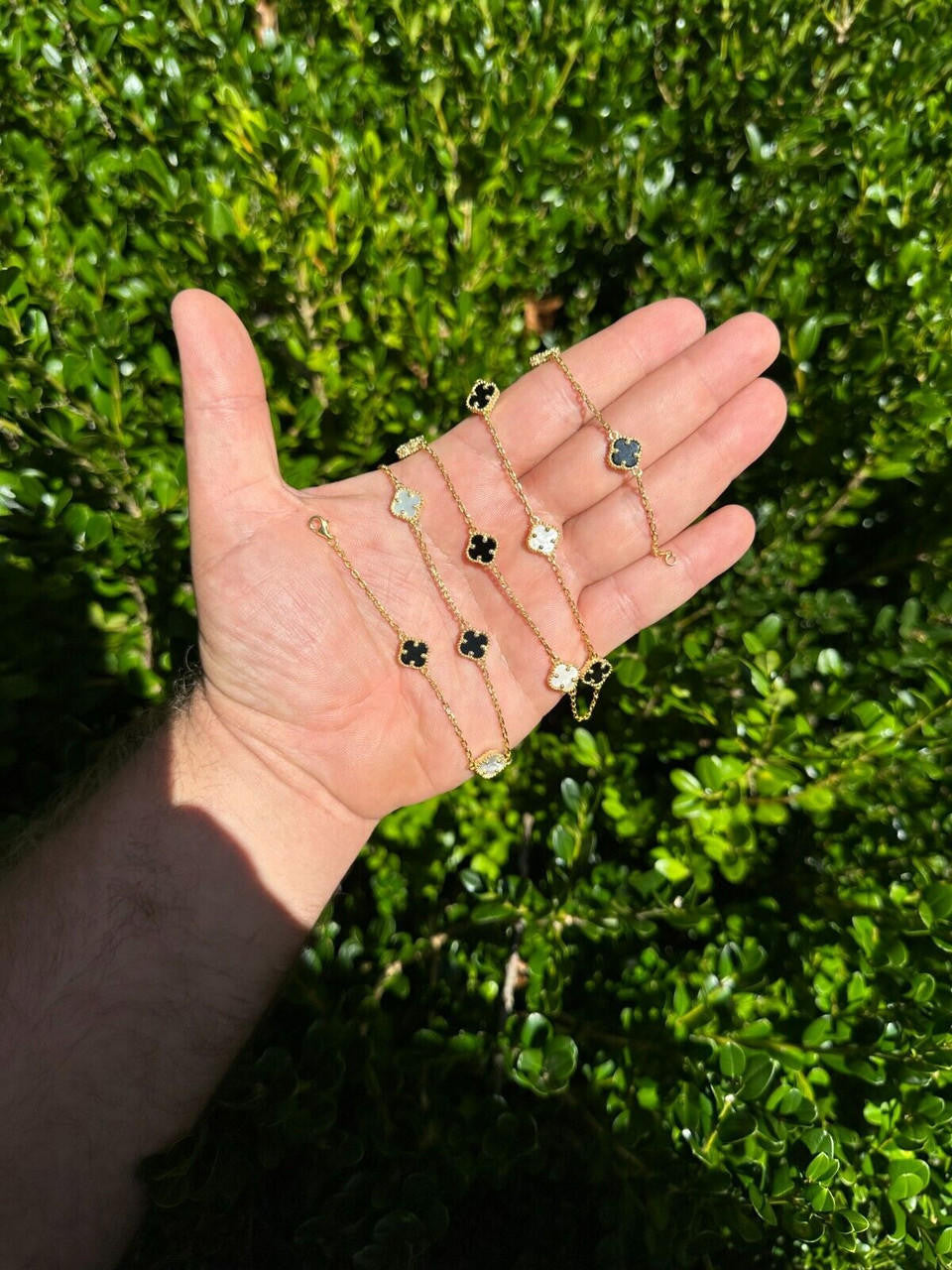 Cleef Clover Link Chain Necklace Or Bracelet Natural Black Onyx & Mother Of Pearl Motifs - 14k Gold Vermeil 925 Sterling Silver - 5.5"-24"