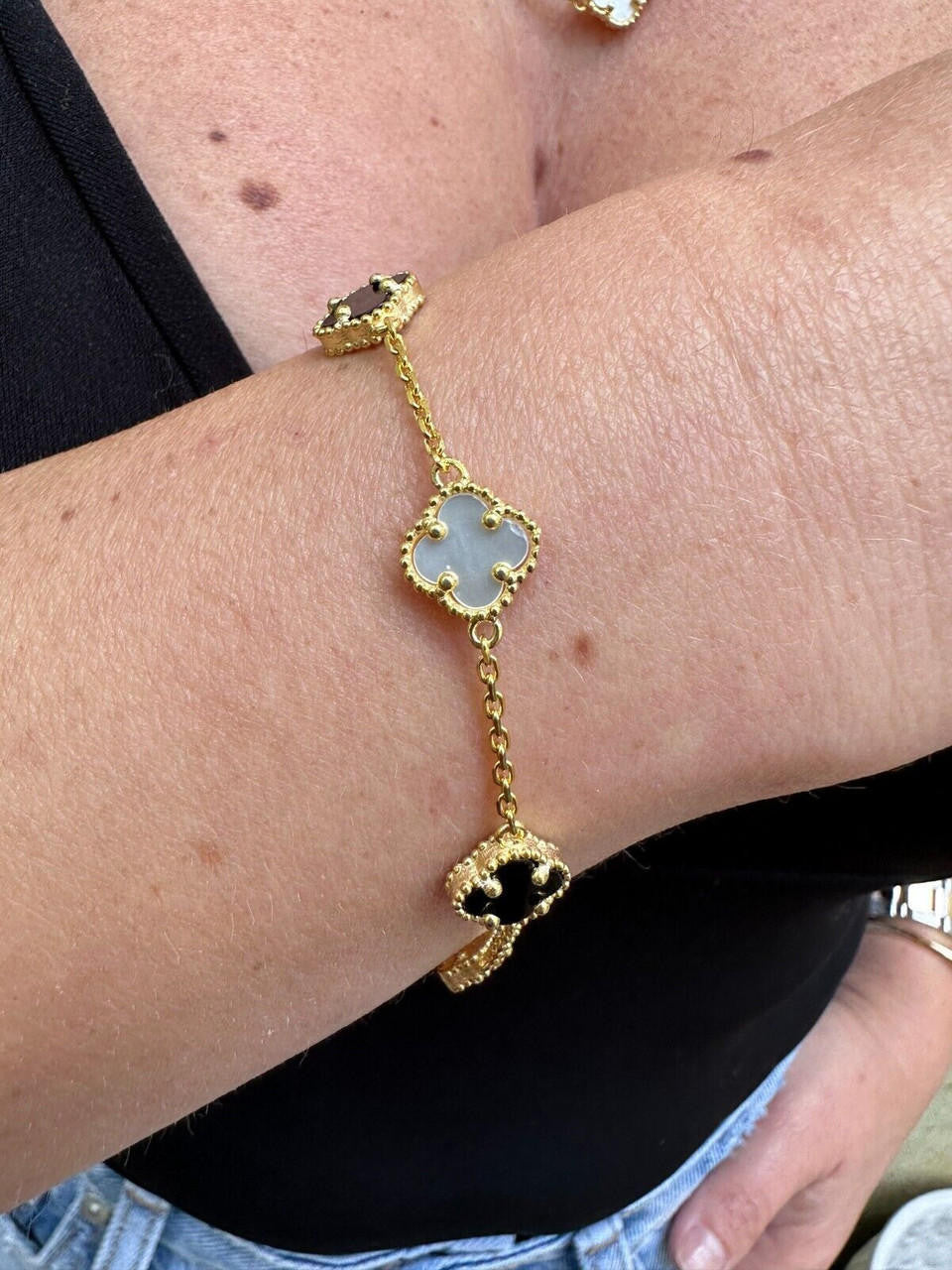 Cleef Clover Link Chain Necklace Or Bracelet Natural Black Onyx & Mother Of Pearl Motifs - 14k Gold Vermeil 925 Sterling Silver - 5.5"-24"