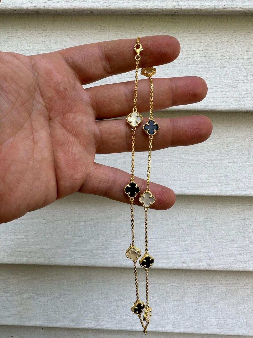 Cleef Clover Link Chain Necklace Or Bracelet Natural Black Onyx & Mother Of Pearl Motifs - 14k Gold Vermeil 925 Sterling Silver - 5.5"-24"