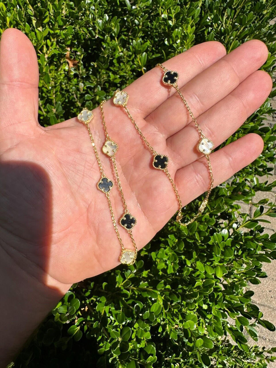 Cleef Clover Link Chain Necklace Or Bracelet Natural Black Onyx & Mother Of Pearl Motifs - 14k Gold Vermeil 925 Sterling Silver - 5.5"-24"