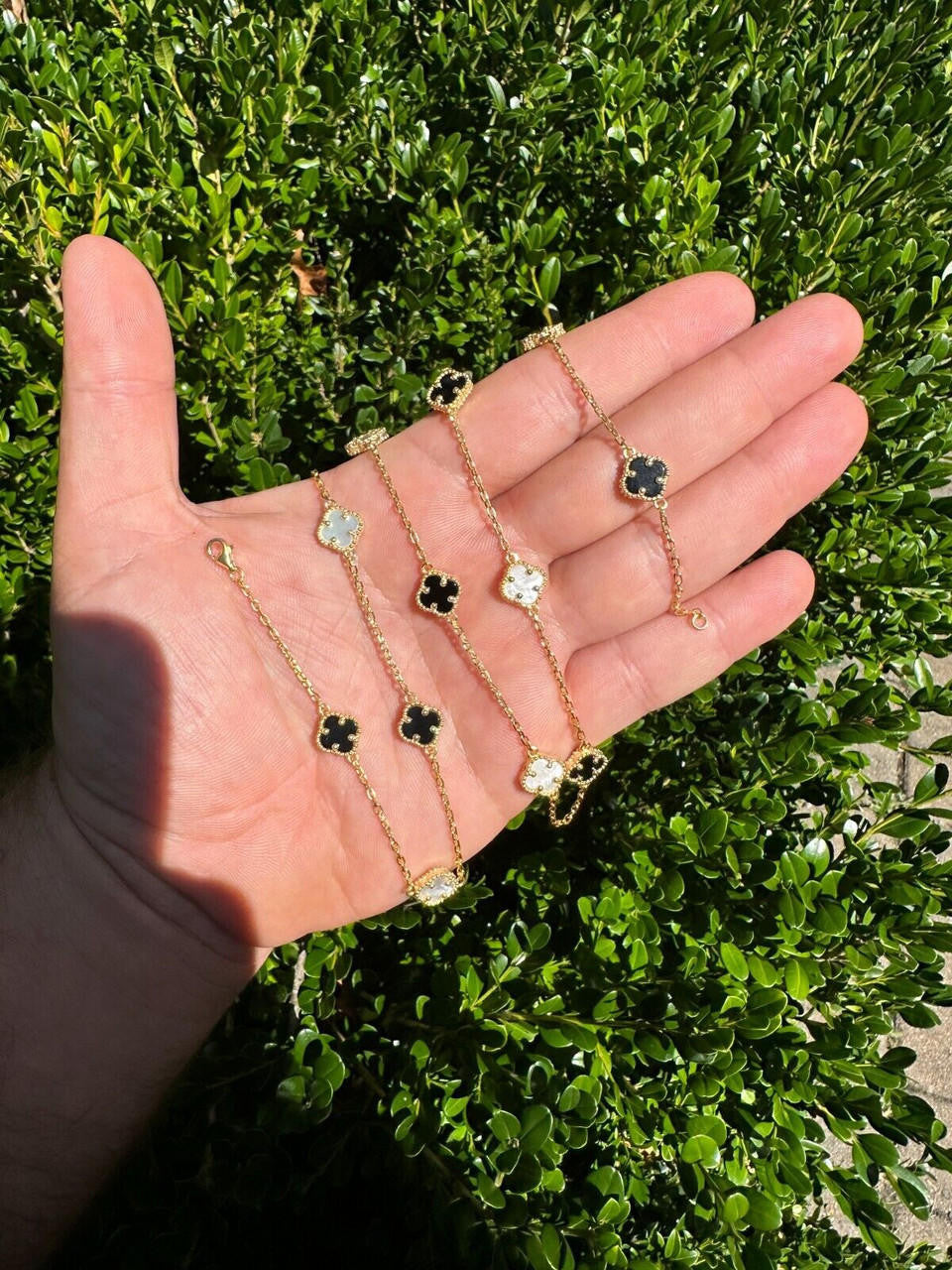 Cleef Clover Link Chain Necklace Or Bracelet Natural Black Onyx & Mother Of Pearl Motifs - 14k Gold Vermeil 925 Sterling Silver - 5.5"-24"