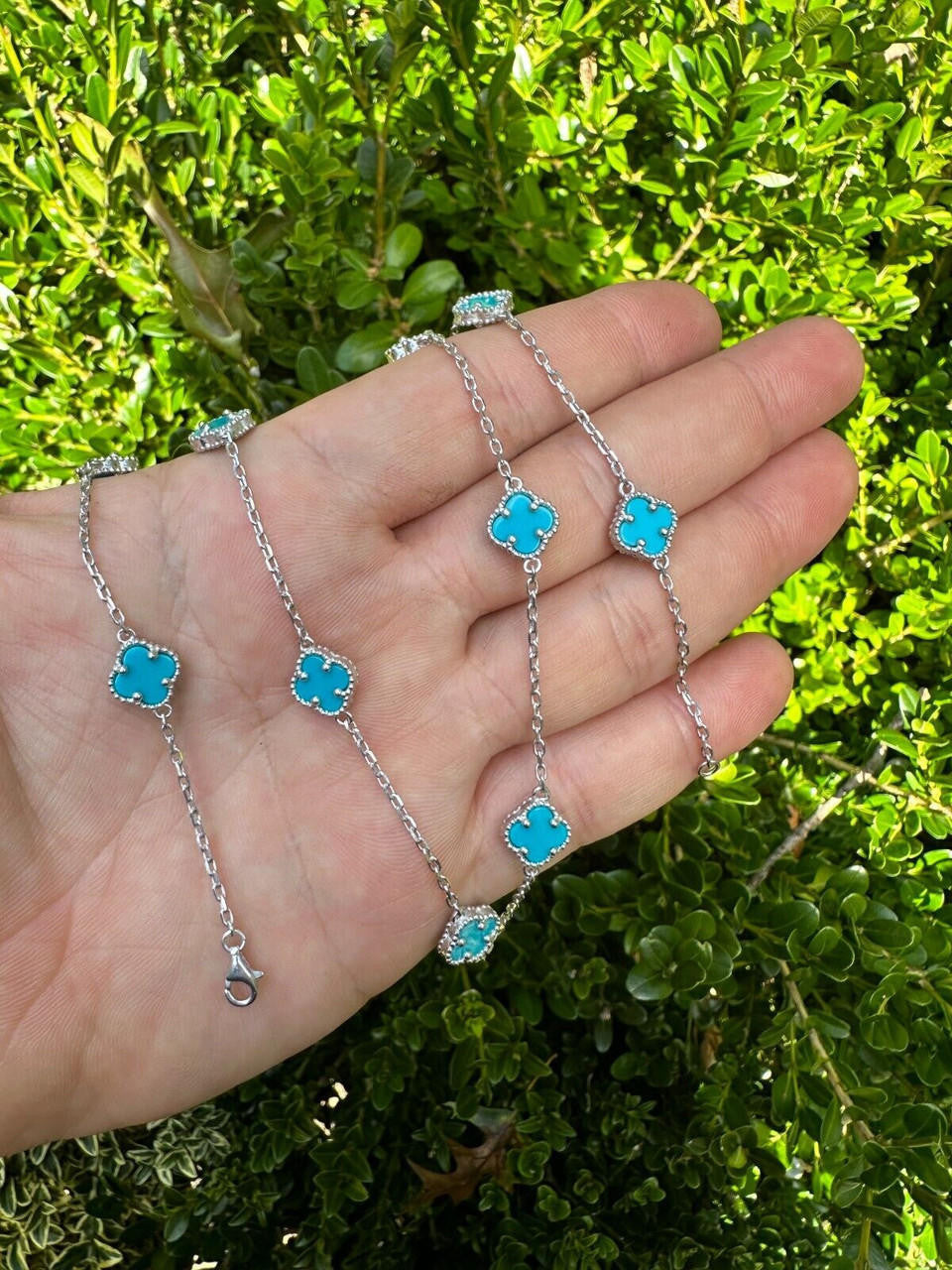 Cleef Clover Link Chain Necklace Or Bracelet Natural Blue Turquoise Motifs - 925 Sterling Silver - 5.5"-24"