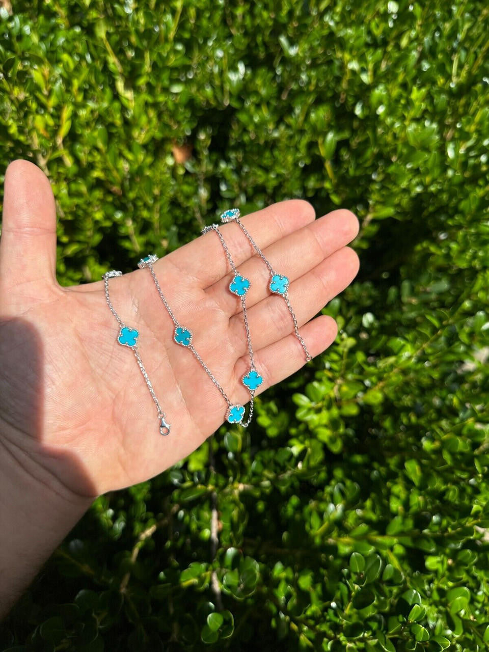 Cleef Clover Link Chain Necklace Or Bracelet Natural Blue Turquoise Motifs - 925 Sterling Silver - 5.5"-24"