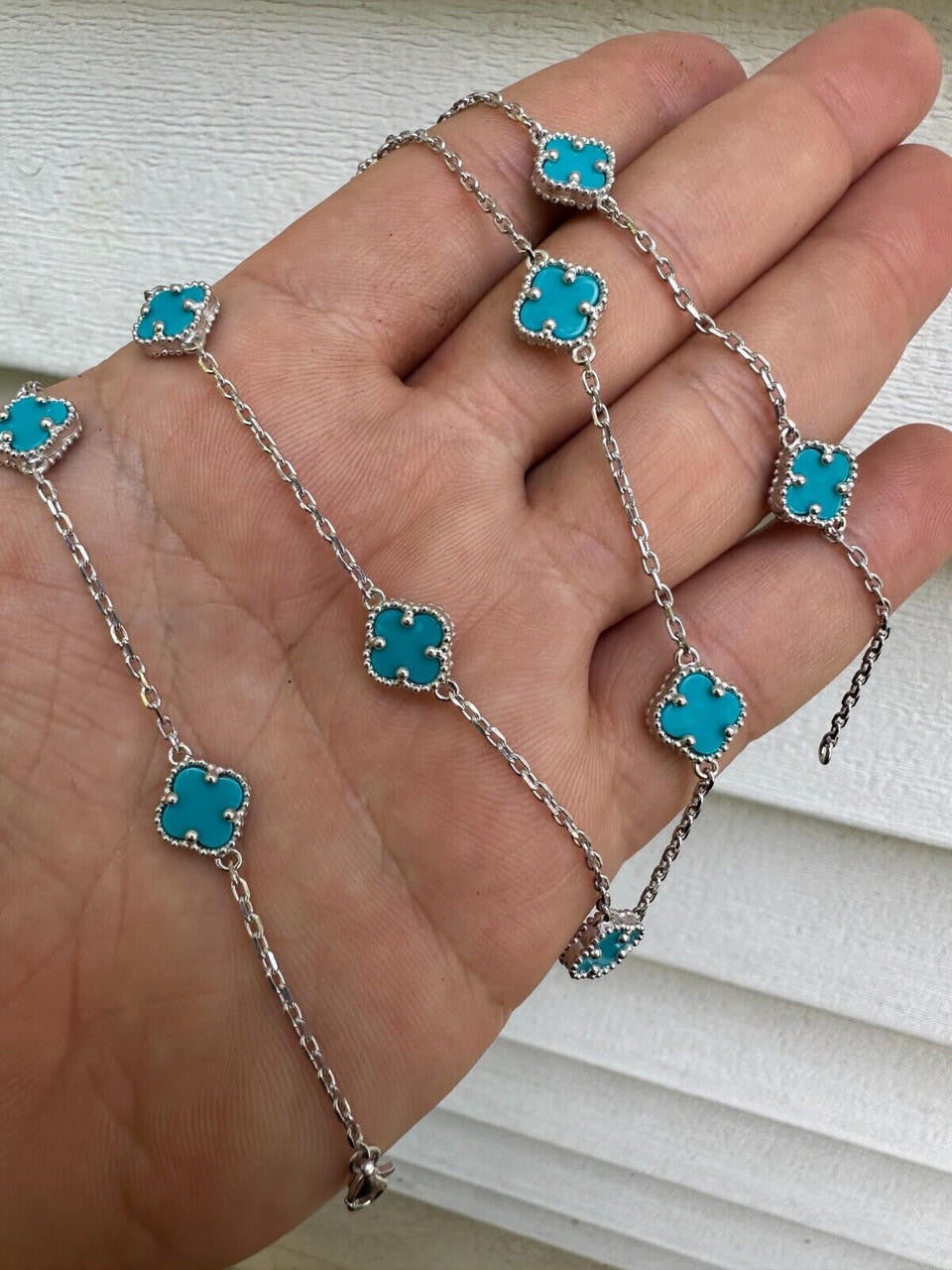 Cleef Clover Link Chain Necklace Or Bracelet Natural Blue Turquoise Motifs - 925 Sterling Silver - 5.5"-24"