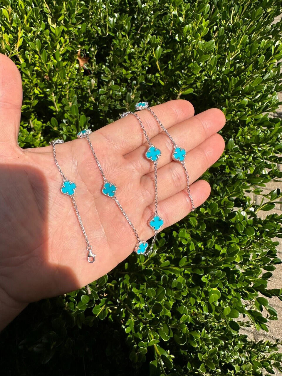 Cleef Clover Link Chain Necklace Or Bracelet Natural Blue Turquoise Motifs - 925 Sterling Silver - 5.5"-24"