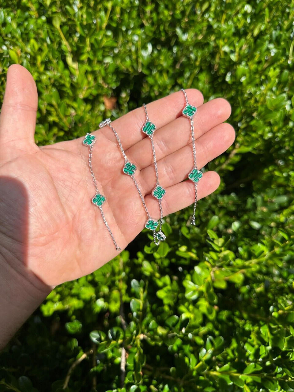 Cleef Clover Link Chain Necklace Or Bracelet Natural Green Malachite Motifs - 925 Sterling Silver - 5.5"-24"