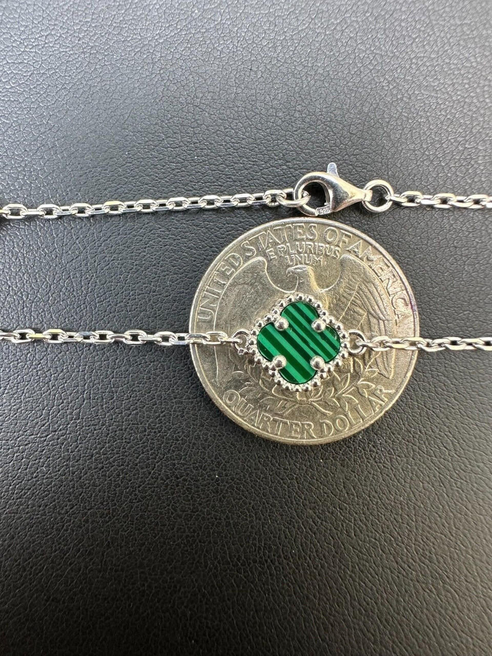 Cleef Clover Link Chain Necklace Or Bracelet Natural Green Malachite Motifs - 925 Sterling Silver - 5.5"-24"