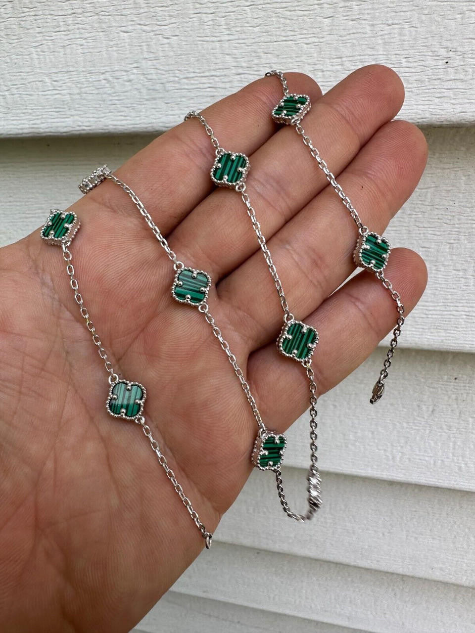 Cleef Clover Link Chain Necklace Or Bracelet Natural Green Malachite Motifs - 925 Sterling Silver - 5.5"-24"