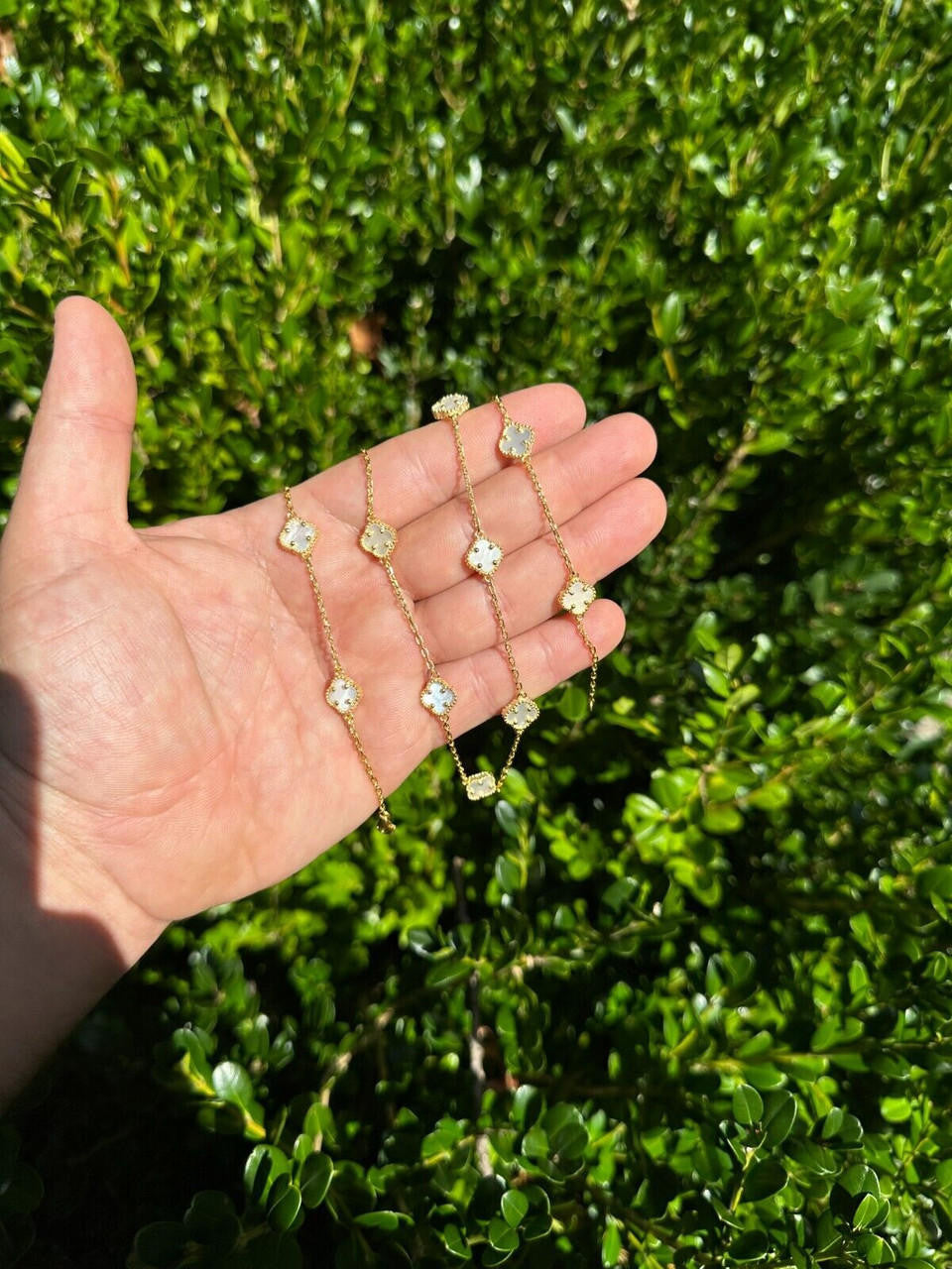 Cleef Clover Link Chain Necklace Or Bracelet Natural Mother Of Pearl Motifs - 925 Sterling Silver - 5.5"-24"