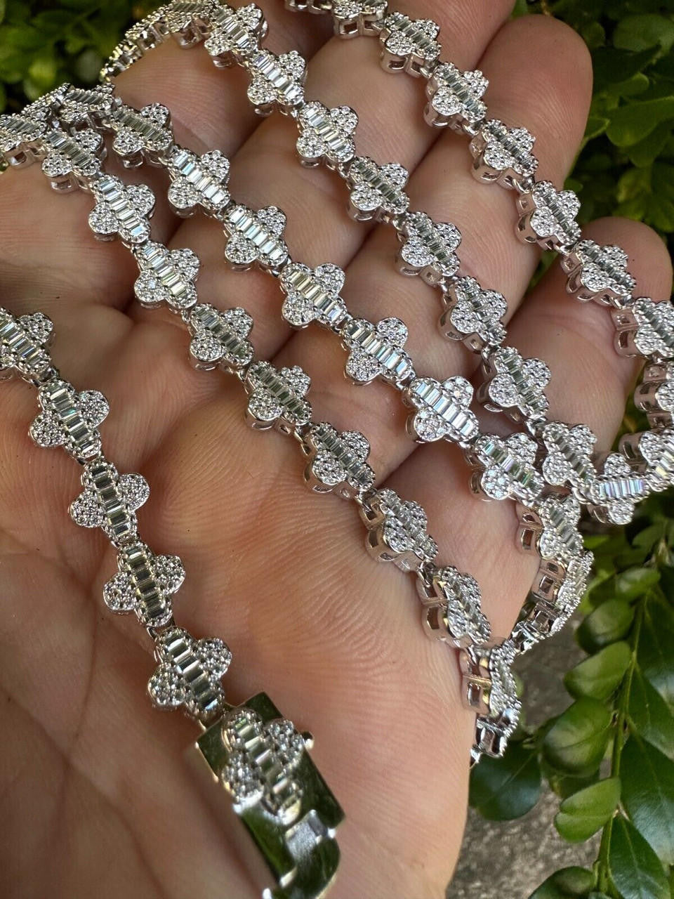 MOISSANITE Baguette Clover Chain Necklace Iced Out - 925 Silver - 8mm - 14"-24"