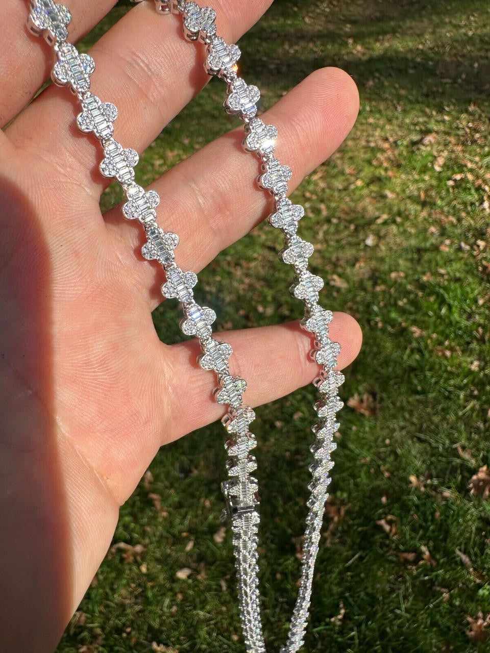 MOISSANITE Baguette Clover Chain Necklace Iced Out - 925 Silver - 8mm - 14"-24"