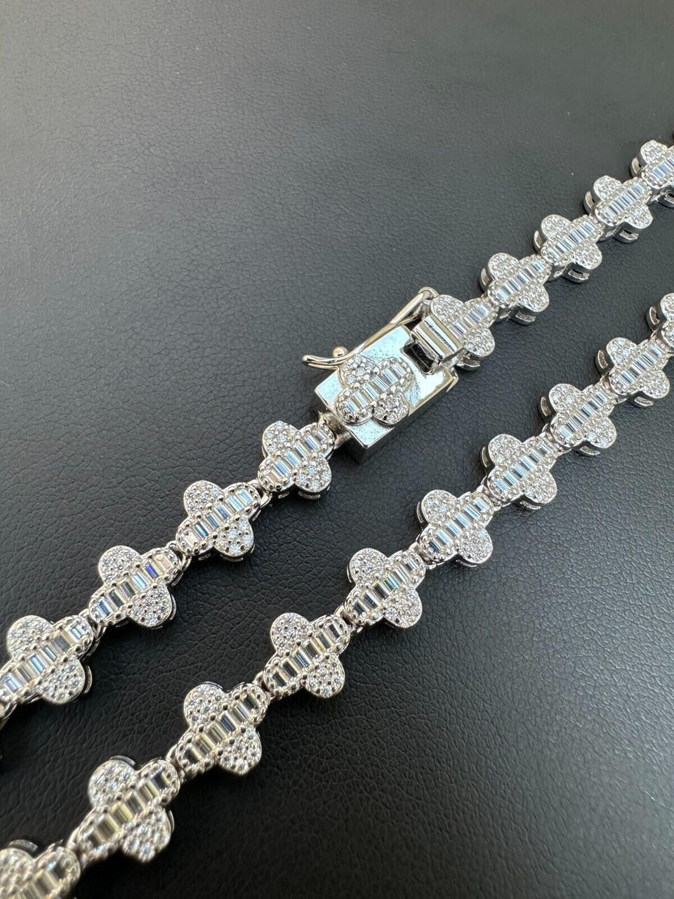 MOISSANITE Baguette Clover Chain Necklace Iced Out - 925 Silver - 8mm - 14"-24"