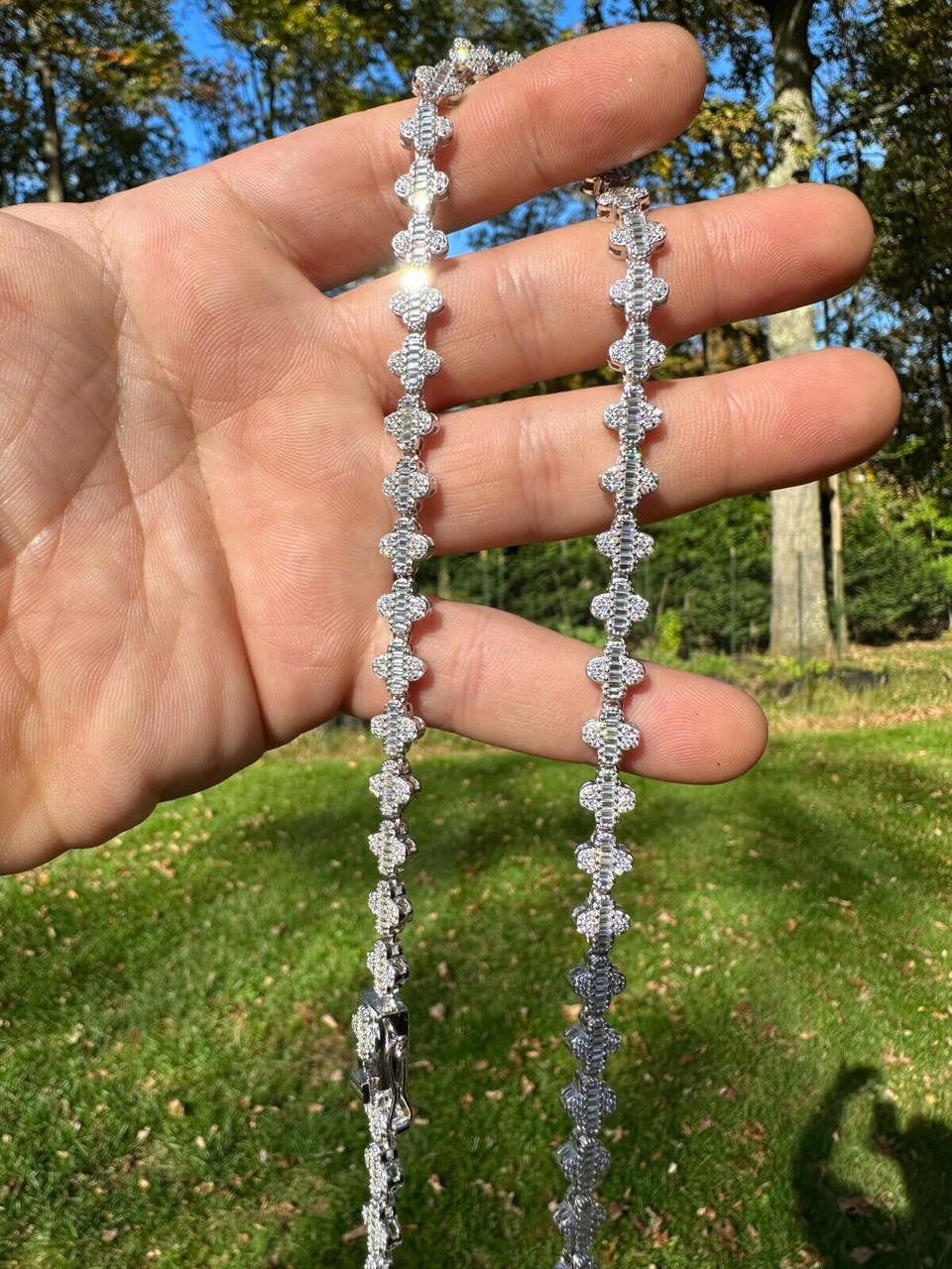 MOISSANITE Baguette Clover Chain Necklace Iced Out - 925 Silver - 8mm - 14"-24"