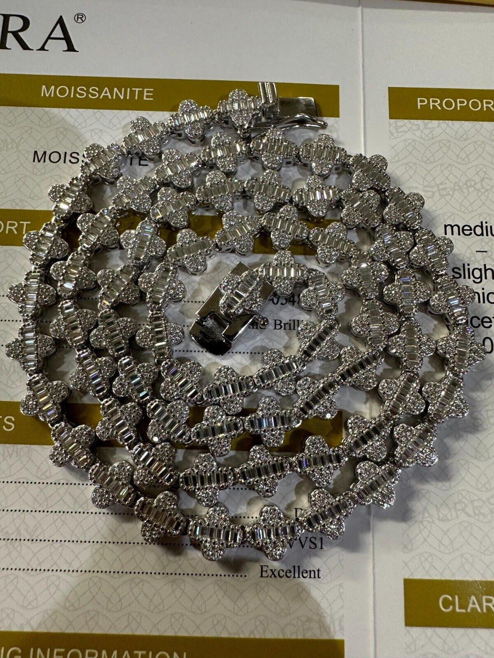 MOISSANITE Baguette Clover Chain Necklace Iced Out - 925 Silver - 8mm - 14"-24"