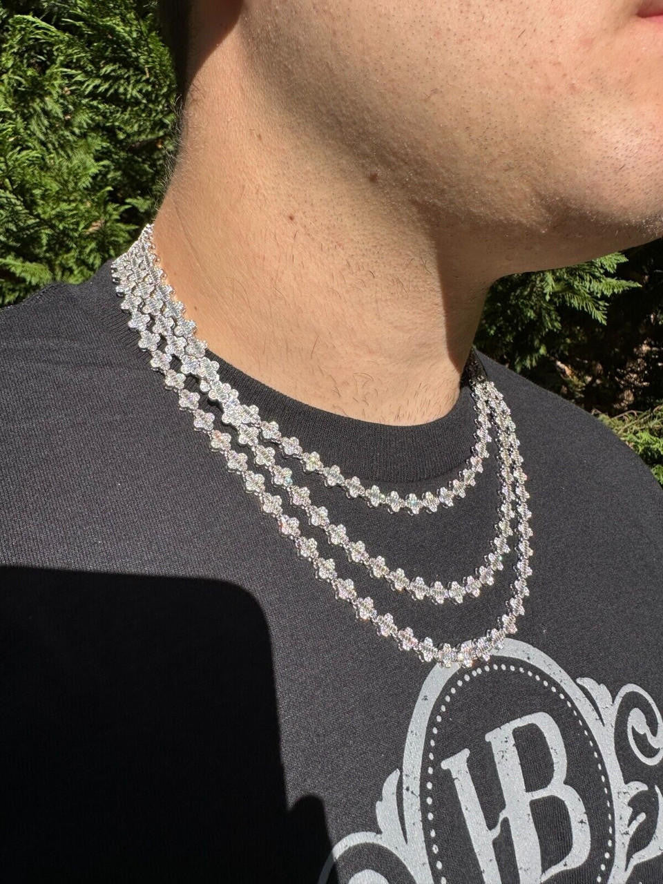 MOISSANITE Baguette Clover Chain Necklace Iced Out - 925 Silver - 8mm - 14"-24"