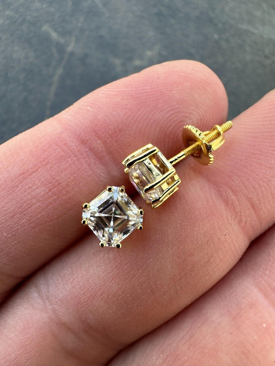 MOISSANITE Asscher Cut Square Solitaire Stud Earrings - 14k Gold Vermeil 925 Silver - 4mm-8mm - 0.7-6ct