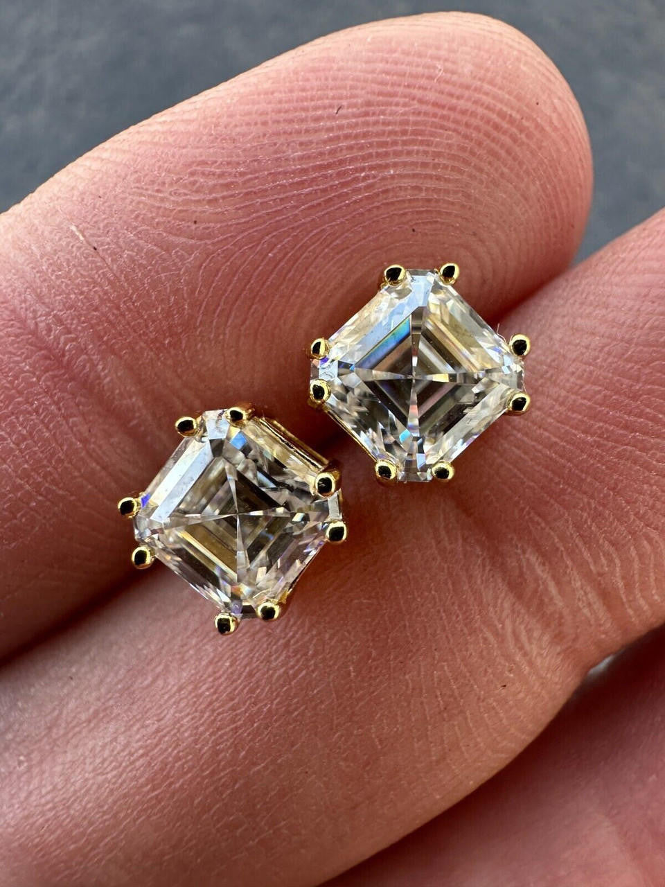 MOISSANITE Asscher Cut Square Solitaire Stud Earrings - 14k Gold Vermeil 925 Silver - 4mm-8mm - 0.7-6ct
