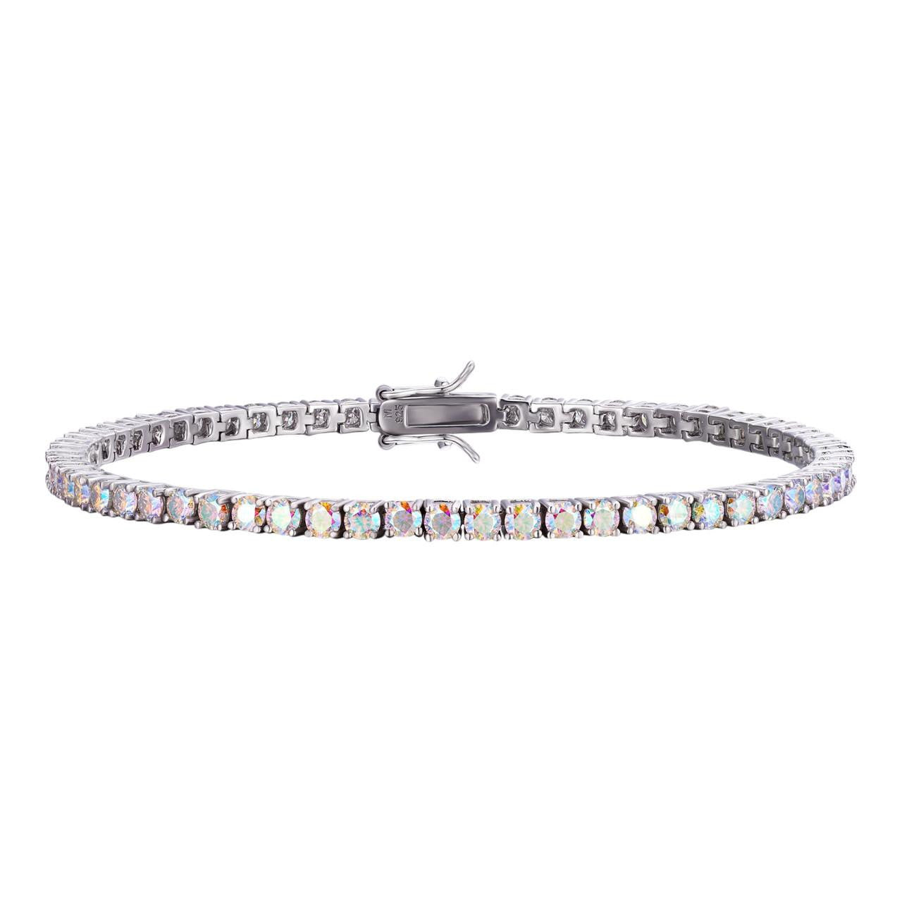 Real Iced Opal Rainbow MOISSANITE 3mm Tennis Bracelet 925 Silver Diamond Tester