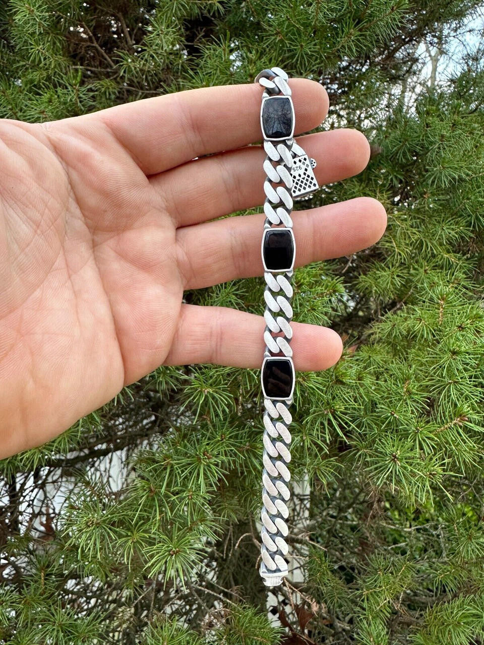 Miami Cuban Bracelet W. 3 Natural Black Onyx Gemstone Motifs - 925 Sterling Silver Oxidized Gunmetal - 7"-9" - 11mm