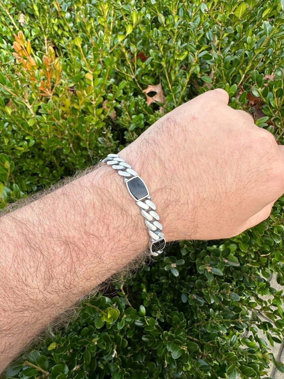Miami Cuban Bracelet W. 3 Natural Black Onyx Gemstone Motifs - 925 Sterling Silver Oxidized Gunmetal - 7"-9" - 11mm